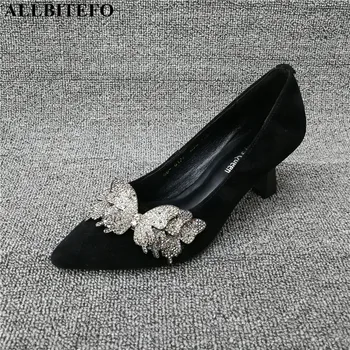 

ALLBITEFO rhinestone bow design fashion sexy high heels shoes women high heel shoes high quality flock women heels shoes