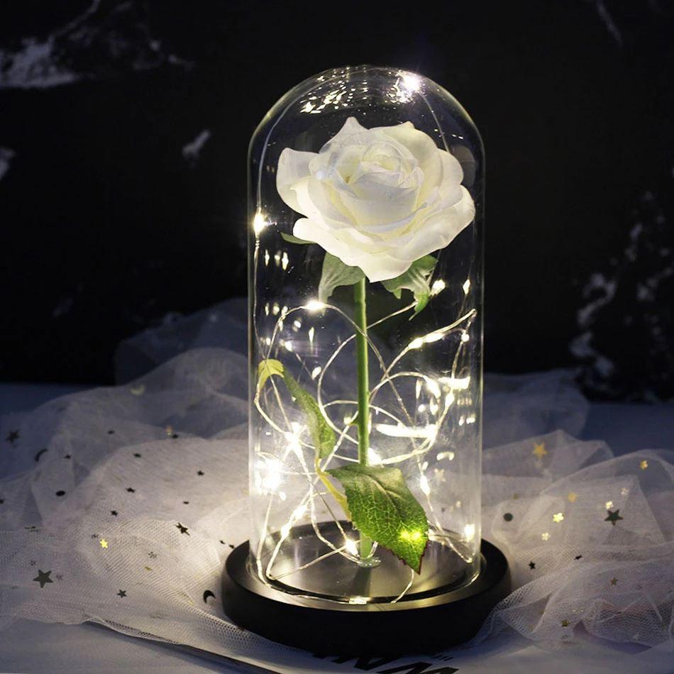 美女と野獣乾燥した花にガラスドームに木製ベースバレンタインデーのためのギフト花の装飾 造花 ドライフラワー Aliexpress