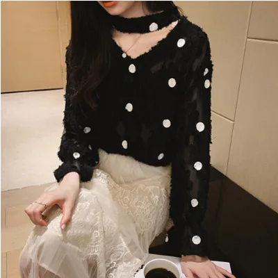Корейская повседневная женская шифоновая блузка Осень свободного размера плюс рубашка в горошек рубашка с длинным рукавом модная женская уличная одежда женские топы