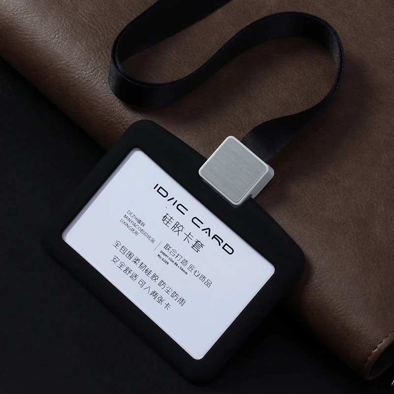 M-silver black sets DEZHI горизонтальный силиконовый чехол для карт с подвесным тросом, легко тянет на пряжке, Чехол для карт, нагрудный Чехол для карт - Цвет: M-silver black sets