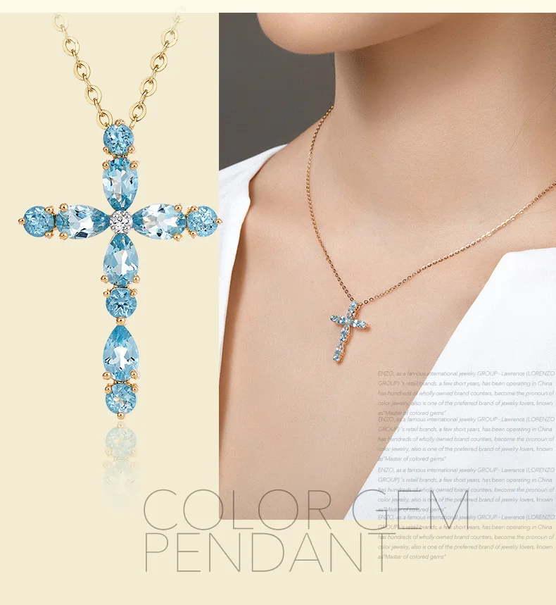 Природный Голубой топаз кулон ожерелье для женщин 18 К золото натуральный драгоценный камень Модный элегантный крест кулон S925 серебро ювелирные изделия