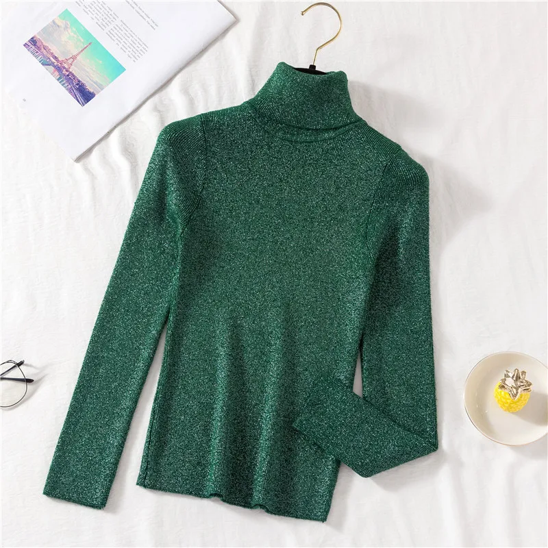 Lurex Shine, женский свитер с высоким воротом, Осень-зима, для девушек, длинный рукав, тянущийся, вязанные свитера, тонкие пуловеры, Базовый Топ для женщин - Цвет: Dark Green Sweater