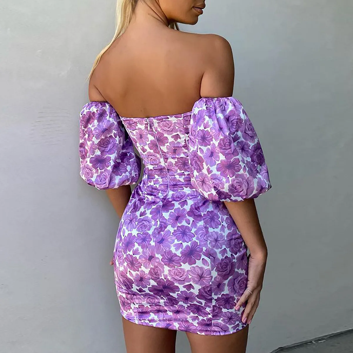 DEAT 2020 New Summer Fashion Casual Zipper Skinny Print Strapless Backless Puff Sleeve Short Dress Women SD613