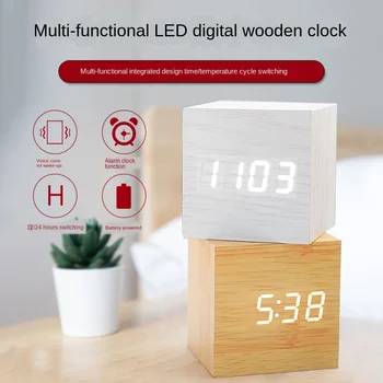 

Creative Square Multi-functional LED with Numbers Wood Clock Electronic Mini Alarm Clock Voice Intelligent Home alarm clock kids