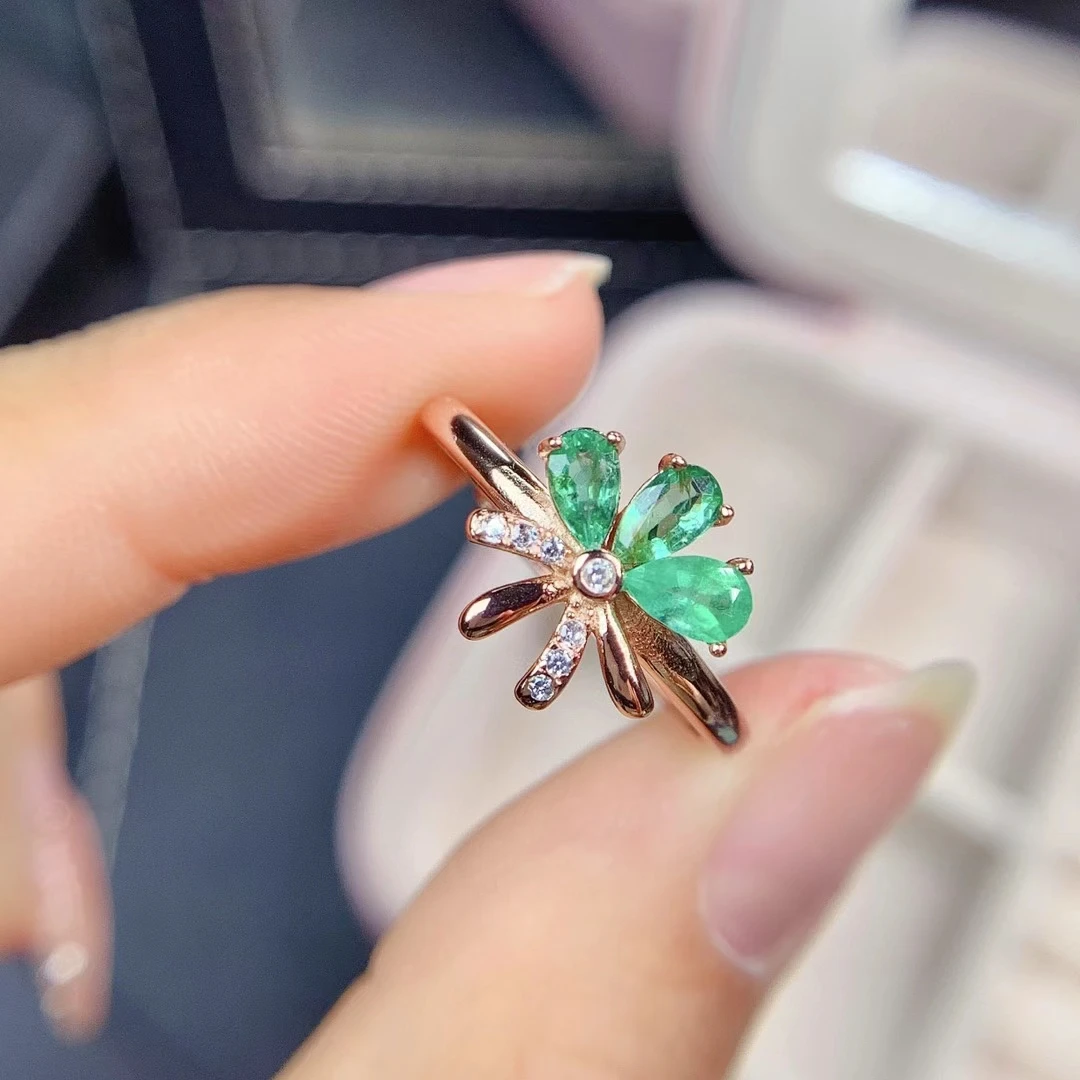 

Fashion personality flower Angle Natural green emerald gem Ring S925 Silver Natural Gemstone Ring Women's girl office Jewelry