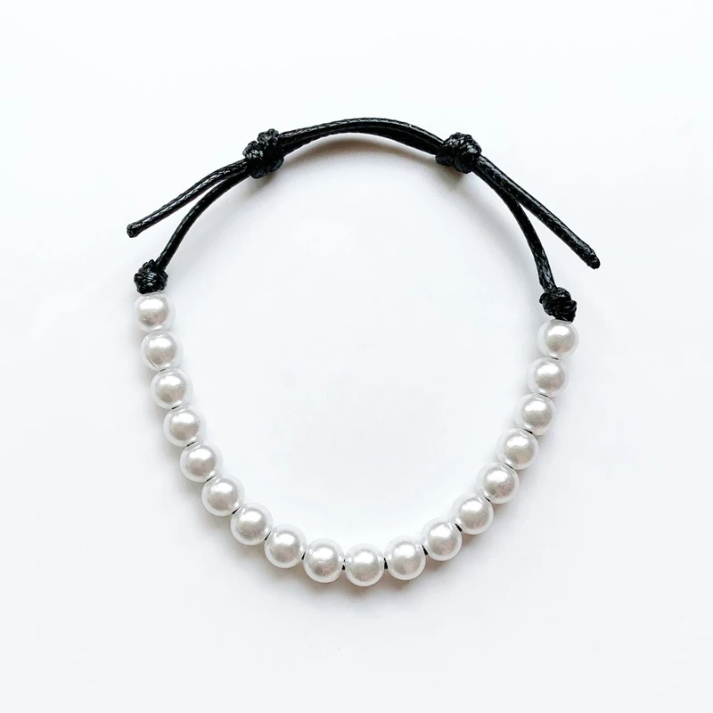 

Handmade White Simulated Pearl Bracelet Black Cord Adjustable Artificial Pearls Beads Jewelry 1PC