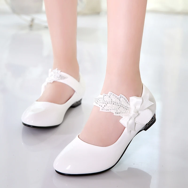 

Princess Bow Rhinestone Children Shoes White Black Leather Shoes For Girls Zapatos Ninas Party Wedding Girls Heel Shoes