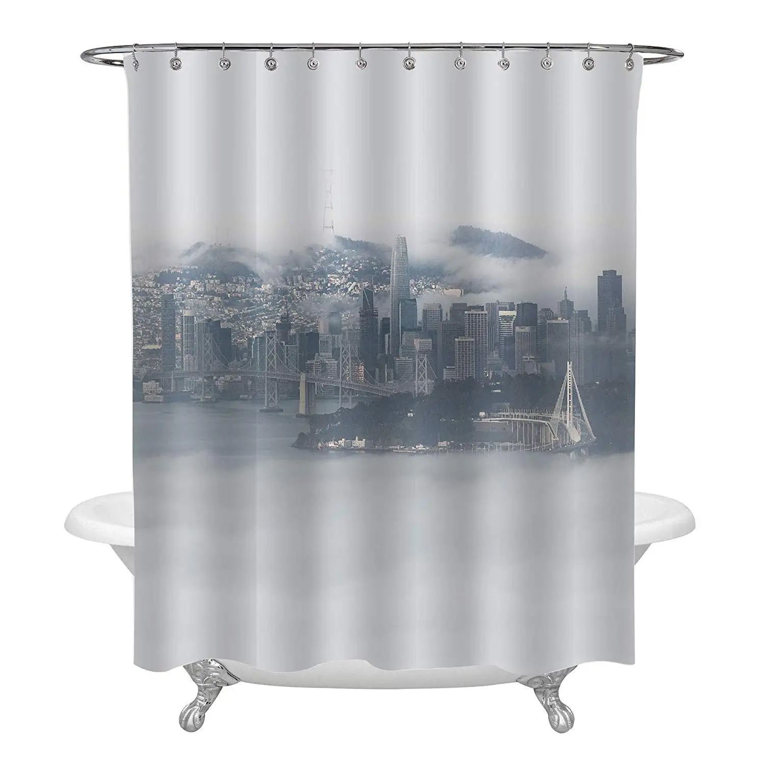 

Shower Curtain, San Francisco Surrounded Fog Skyline Aerial View from Across The Bay Cityscape Photograph Print Curtain