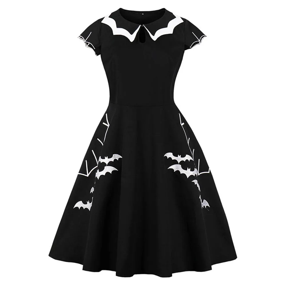 

Women Vintage Gothic Dress Summer Embroidery Bat Print Goth Girl Preppy Style Party Casual Pin Up Dresses Plus Size 2XL