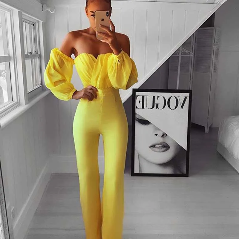 wholesale new Rompers Yellow long sleeve Strapless Sweet and sexy celebrity Party bandage Jumpsuits(H3156
