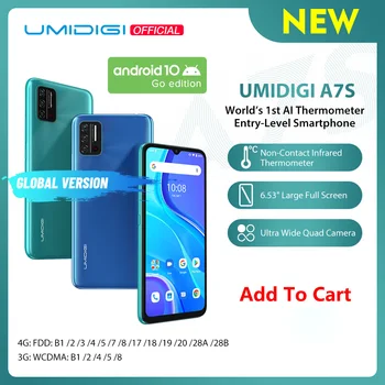 Перейти на Алиэкспресс и купить Полноэкранный мобильный телефон UMIDIGI A7S, 6,53 дюйма, 20:9, 32 ГБ, 4150 мАч, тройная камера, инфракрасный датчик температуры, Type C, предварительная прод...