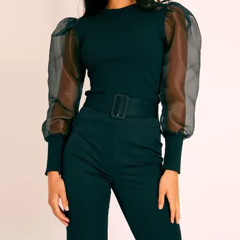 

ZHYMIHRET See Through Puff Sleeve Patchwok Bodysuit Women 2019 Autumn Skinny Rompers Sexy Solid Body Mujer