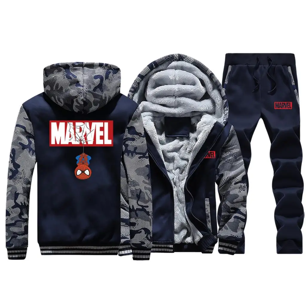 Комплект из двух предметов, Мужская одежда, пальто на молнии с комиксами MARVEL, мужские теплые спортивные штаны, брендовая куртка, уличная одежда в стиле хип-хоп, мотоциклетная одежда - Цвет: Dark Blue