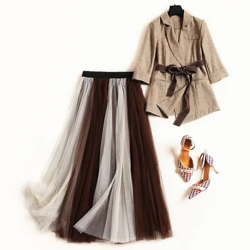 

New 2020 spring women striped blazer suit elegant 3/4 sleeve sashes khaki + color block long tutu mesh skirt two piece set