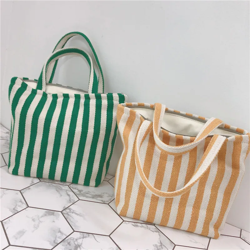 

[The Butterfly Cloth Bag] Korean-style Stripes Hand Small Cloth Bag Thick Canvas Zipper Diaper Bag Breakfast Packs Japanese-styl