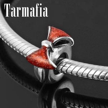 

925 Sterling Silver charming Bow Red Sparkling Enamel Stopper Spacer Beads Fit Original European Charm Bracelet Jewelry making