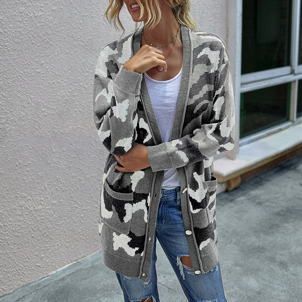 

Women's Cardigan Sweater Knit Tops Coats Ladies Long Sleeves Open Stitch Front Camo Camouflage Kimono Jacket Long Clothes D30