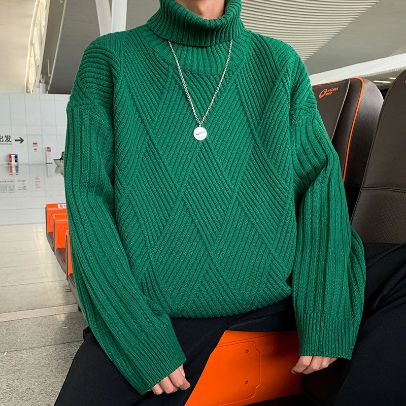 

Winter Turtleneck Sweater Men Warm Fashion Solid Color Casual Plaid Knit Pullover Man Streetwear Loose Long Sleeve Sweater M-2XL