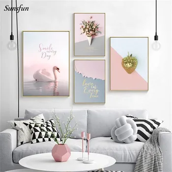 

Pink Swan Strawberry Flowers Poster Young Girl Print Canvas Art Painting Wall Picture Animal Poster Girl Room Home Decoration