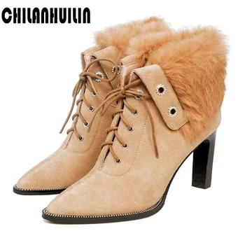 

women boots high heel ankle boots suede leather fur winter warm snow shoes women pointed toe female flock lacing casual shoes