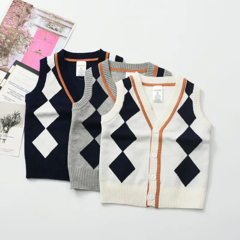

Spring Europe And America Infants Boys Kids' Sweater Plaid Cotton Sleeveless V-neck