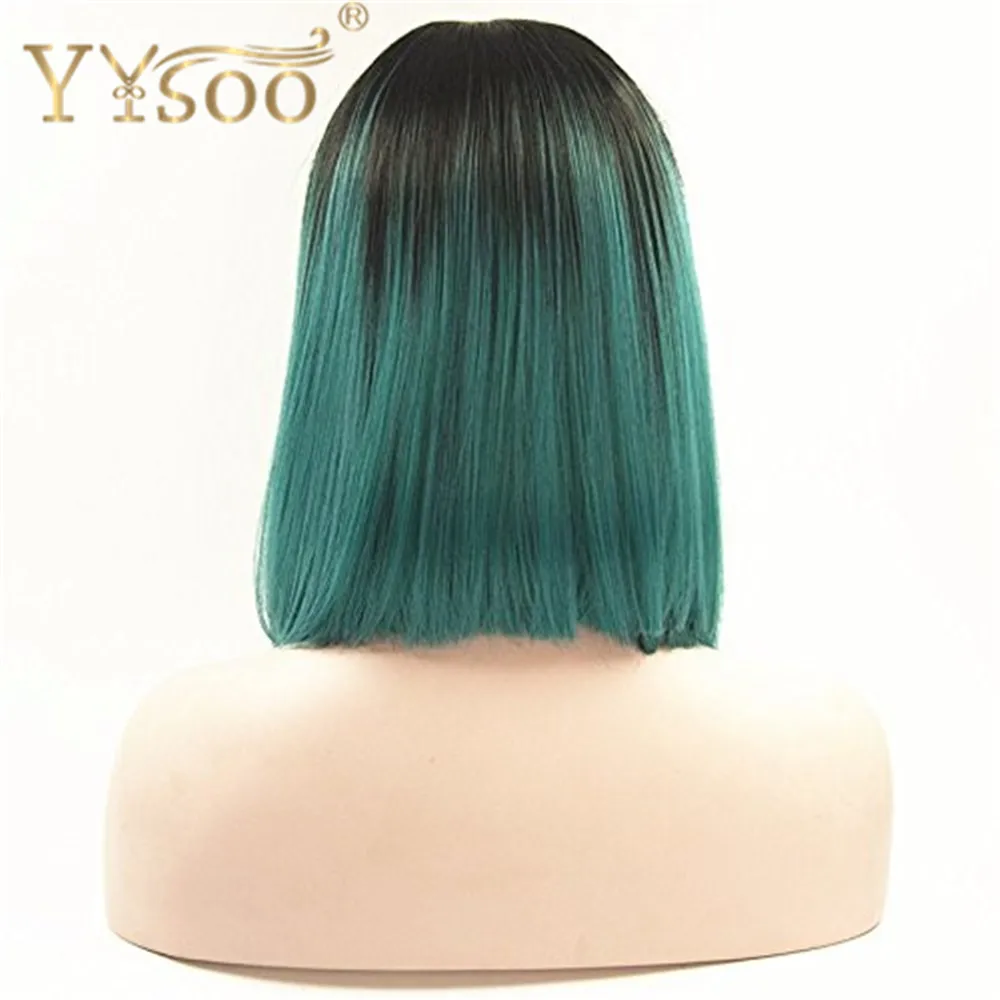 YYsoo короткий боб парик фронта шнурка для женщин синтетический двух тонов темные корни до зеленого цвета волос со средней частью для женщин