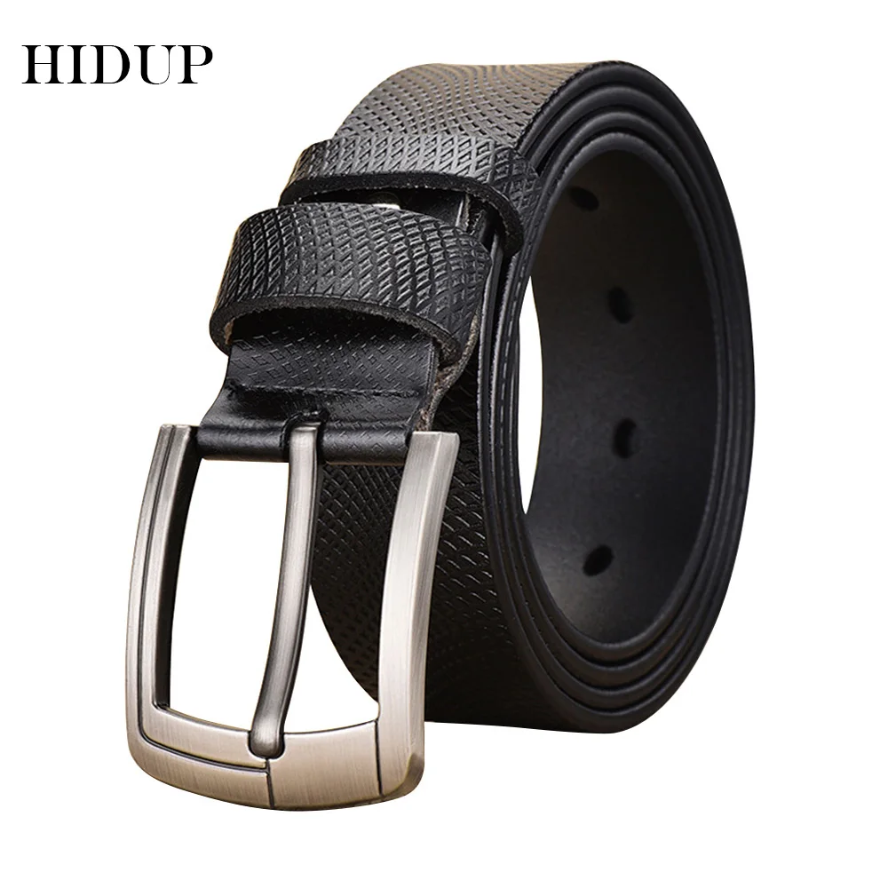 HIDUP Men's Retro Style Design Plaid Pattern Cow Genuine Leather Belts Men Pin Buckles Metal Belt Jeans Accessories 2022 NWJ581