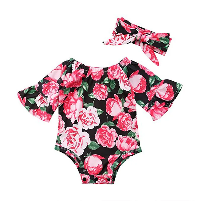 

Spring Autumn Casual Fashion Baby Girl Jumpsuit Flower Printing Long Sleeve Bodysuits And Headband Kids Two-piece Outfit Set