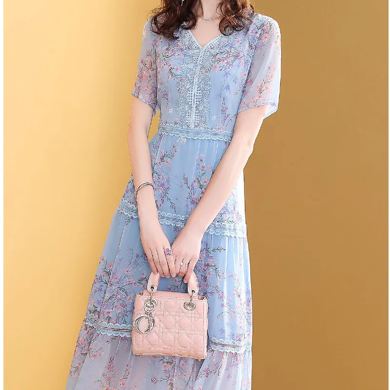 

Summer French Elegant Elegant Waist Hugging Chiffon Floral Dress 2019 New Style V-neck Goddess-Style