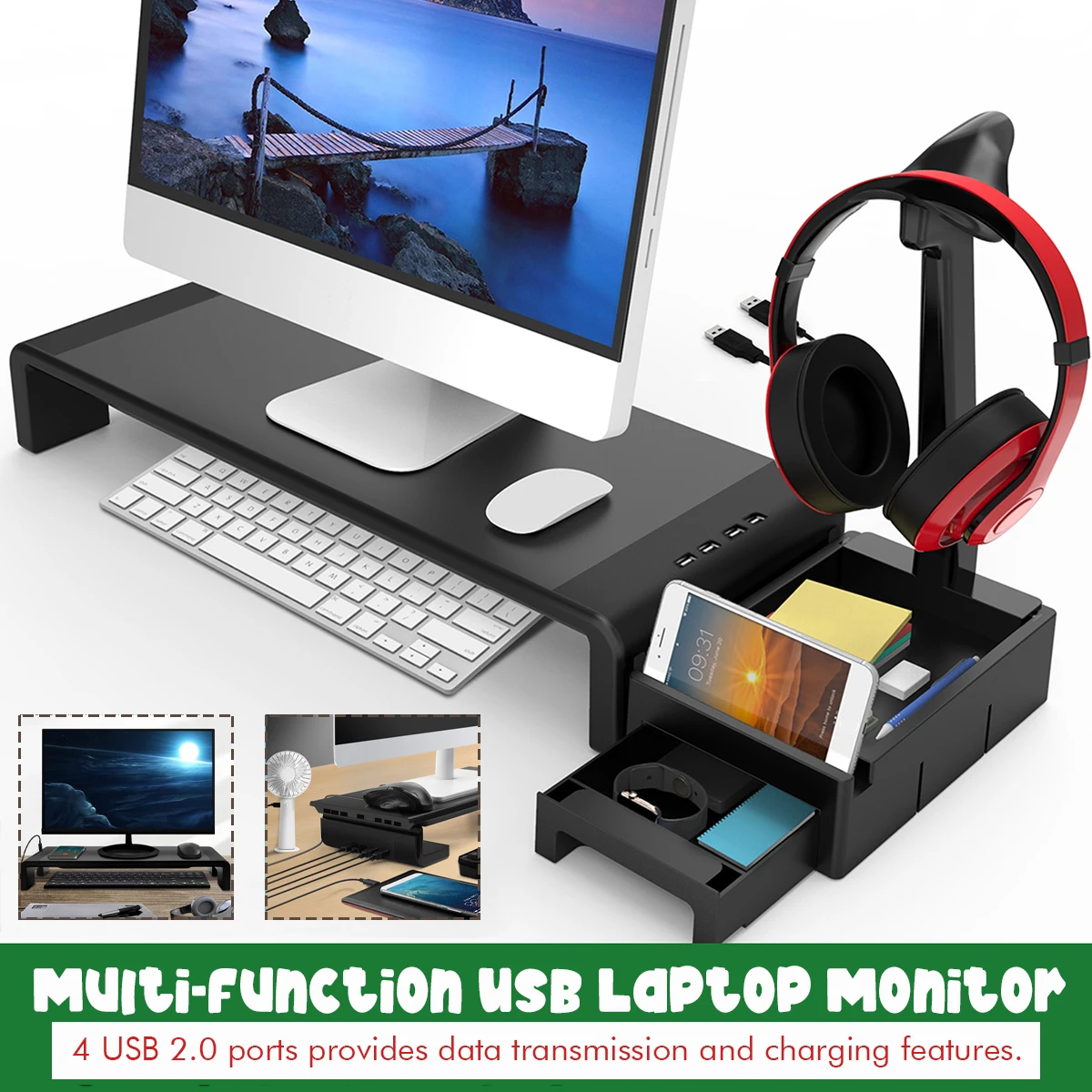 Elevador de soporte de monitor dual de madera con longitud ajustable  ordenador