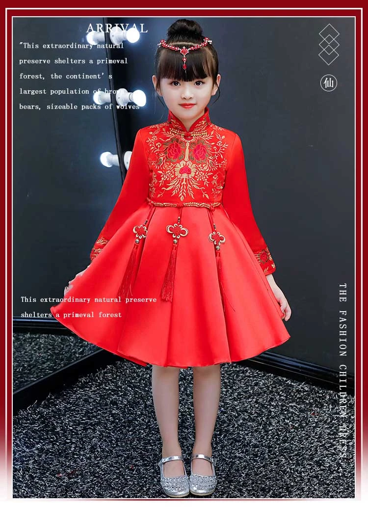 Красный атлас Cheongsam дети девочка принцесса платья китайский год платье Традиционный Тан костюм вышивка Qipao детей vestido