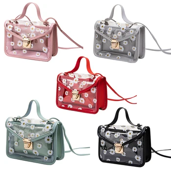 

2020 Fashion Women Transparent Daisy Pattern Shoulder Bag Hardware Chain Strap Color Block Messenger Handbag Composite Tote
