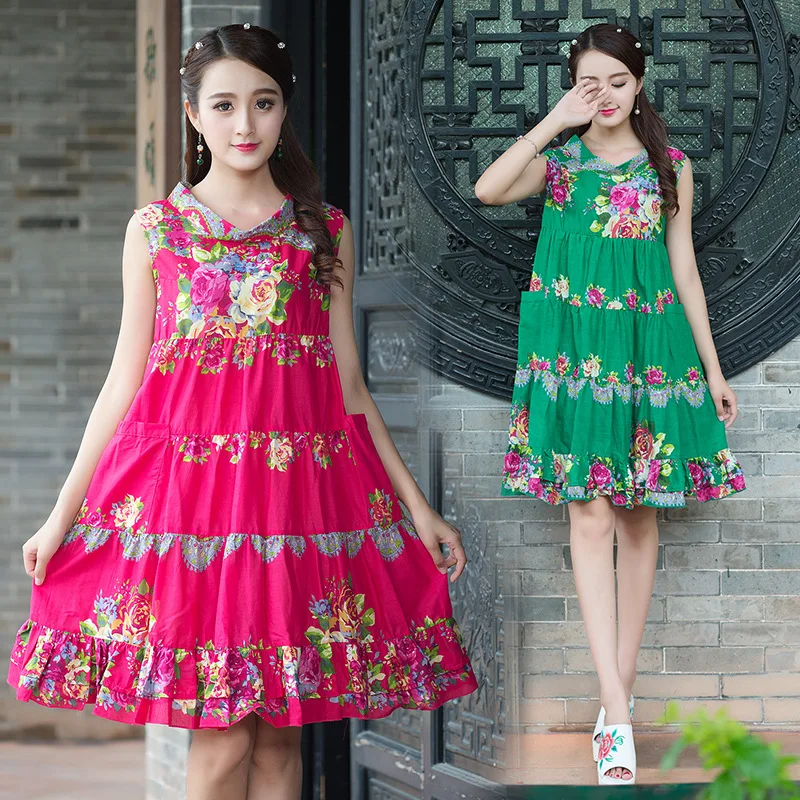 

Summer New Style Literature And Art Ethnic-Style Floral-Print Cotton Linen Pleated Large Size Fat Mm Women's Elegant Sleeveless