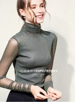 

Women's T-Shirt Turtleneck 2020 New Casual Women's Net Bottoming Shirt Women's Wild Turtleneck Bright Silk Long Sleeve Top