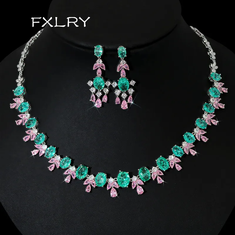 

FXLRY Unique Designer AAA Cubic Zircon Water DropTassel Necklace And Earring For Women Wedding Jewelry Set
