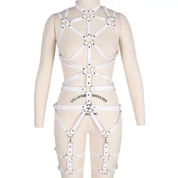 

Women Leather Harness Belt Sexy Lingerie Set White Bodysuits Punk Gothic Bra Cage Top Garter Belts Festival Dance Body Strap