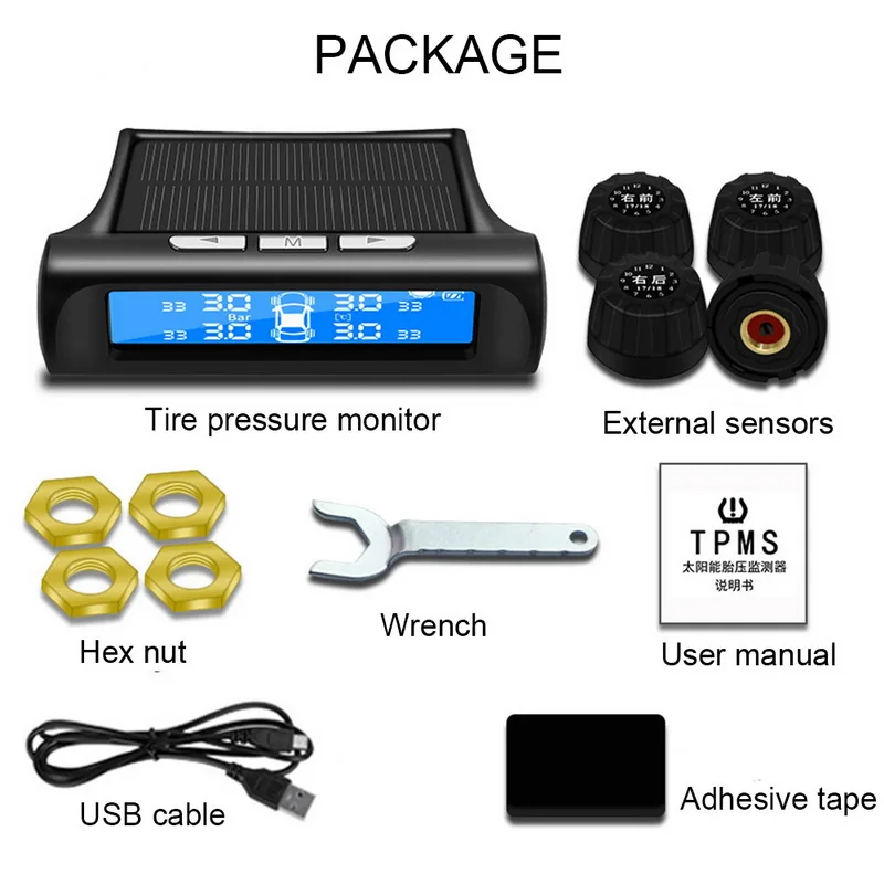 TOSPRA автомобильный TPMS система контроля давления в шинах Солнечная зарядка HD цифровой ЖК-дисплей Автоматическая сигнализация Беспроводная с 4 датчиком - Цвет: external sensors
