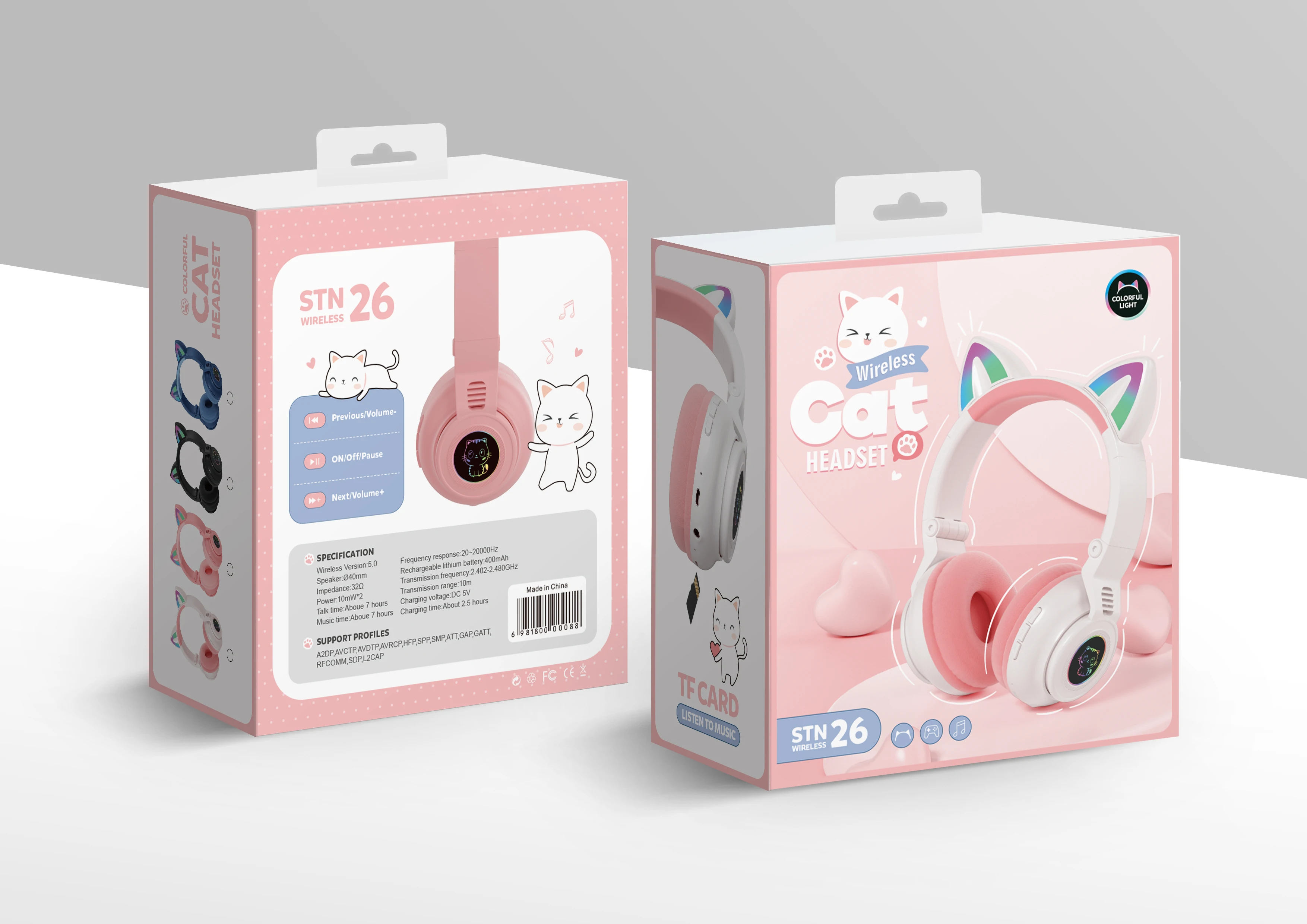 Cute RGB Kitten wireless Headsets Bluetooth 5.0 Bass Noise Cancellation Adult Child Girl Headset Support TF Card Helmet with Mic