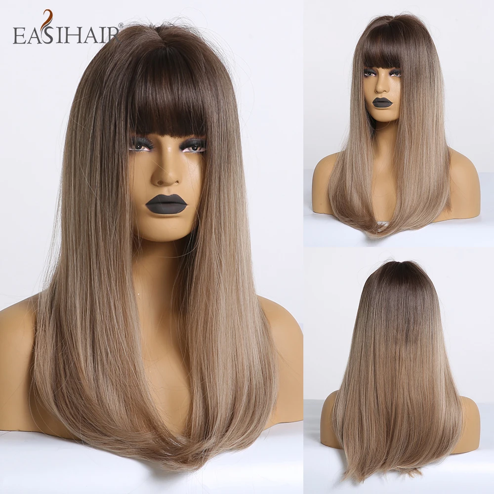 

EASIHAIR Long Brown to Blonde Straight Synthetic Wigs with Bangs Wigs for Women African American Heat Resistant Cosplay wigs