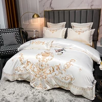 Ensemble de literie de luxe en Satin de coton délavé, broderie or Royal, blanc perle, housse de couette, drap plat/housse, taies d'oreiller, Textiles de maison 2