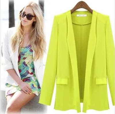 Fluorescent green Женское весенне-осеннее однотонное пальто, блейзеры и куртки, синий, черный цвет, одежда в Европейском стиле, Новая модная женская тонкая одежда с длинным рукавом Sm - Цвет: Fluorescent green