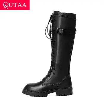 

QUTAA 2020 PU Leather Knee High Boots Buckle Fashion Lace Up Zipper Ladies Pumps Round Toe Square Heel Women Shoes Size 34-43