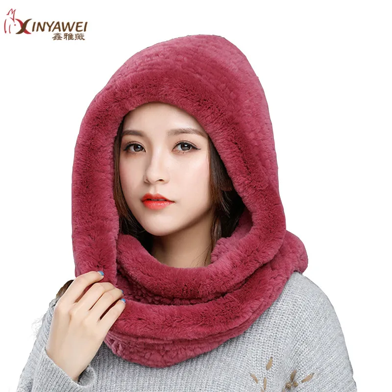 rose Red Новая модная популярная меховая шапка, вязаная меховая шапка с кроличьим мехом Рекс, женские меховые шапки с длинным нагрудником, стильная женская зимняя теплая меховая шапка разных цветов - Цвет: rose Red