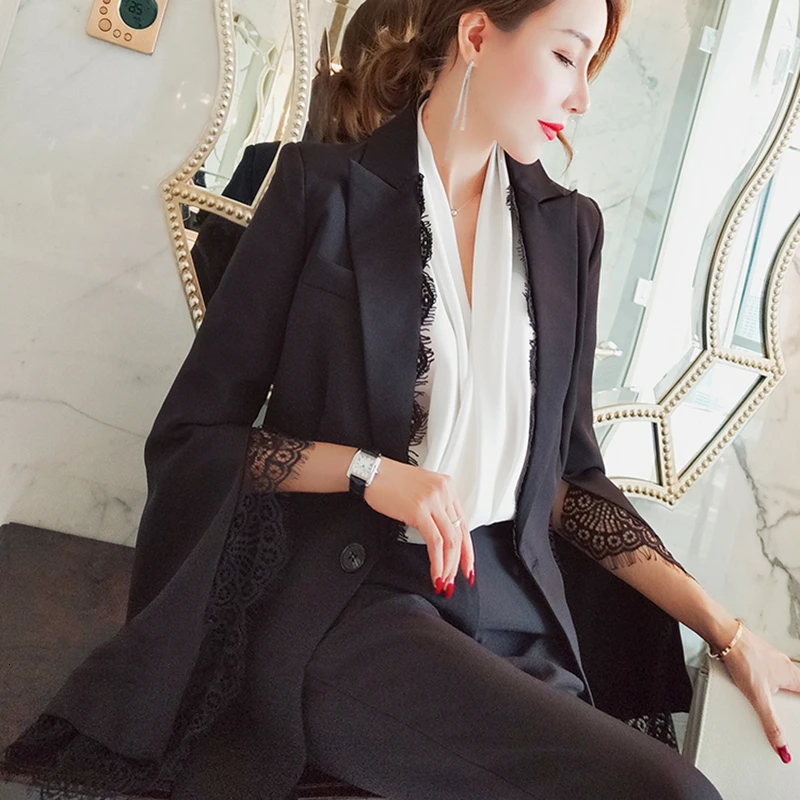 TWOTWINSTYLE элегантный корейский комплект из двух предметов для женщин лоскутный кружевной Блейзер брюки с высокой талией женский костюм осень мода
