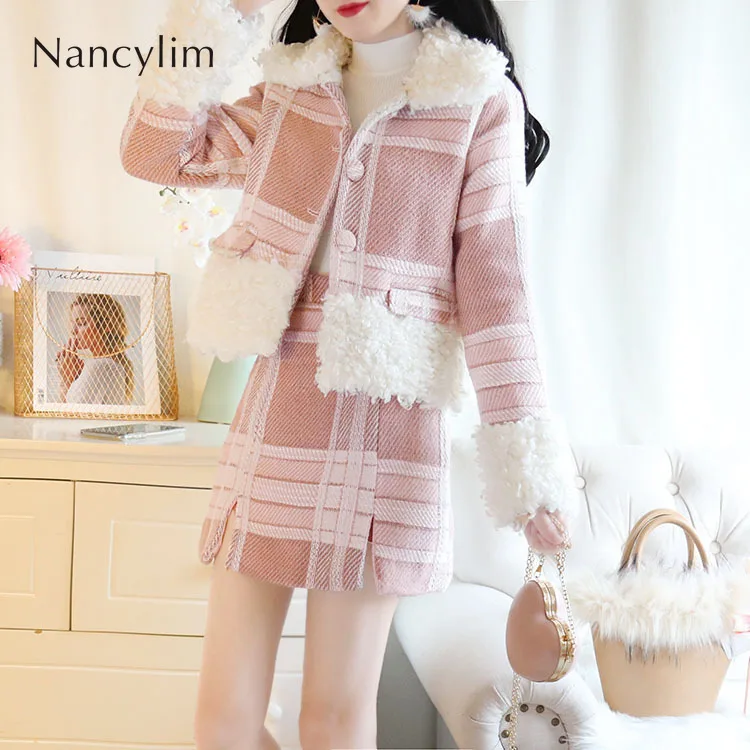 

2019 Fall New Fashion Plaid Plush Wool Blend Lapel Long Sleeve Jacket + A-line Skirt Two-piece Set Female Lady's Sets Skirts Set