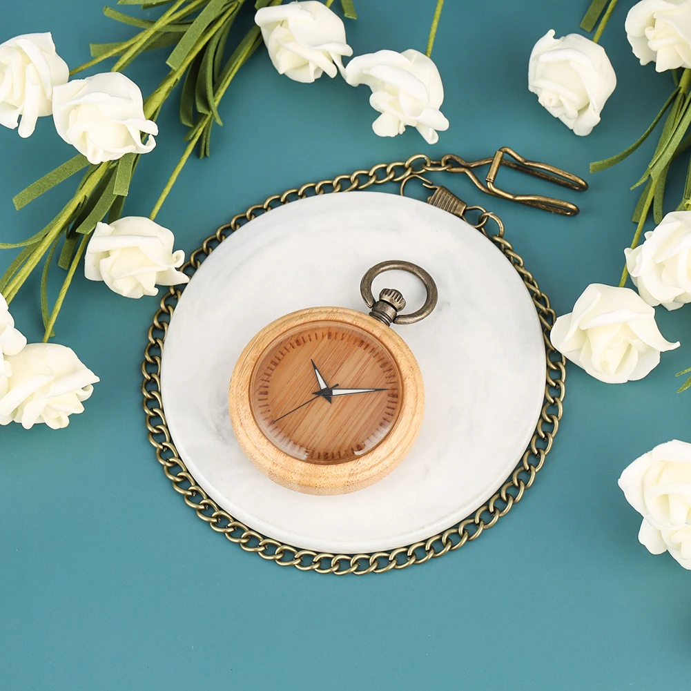 Carved Scale Surface Dial Clock Concise Pocket Watch Luminous Pointer Bamboo Case Rough Chain Gift reloj 3