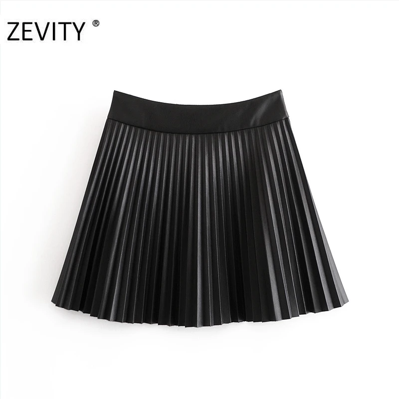 Zevity Women vintage high waist PU Leather pleated mini skirt faldas mujer ladies front buttons casual brand chic skirts QUN689