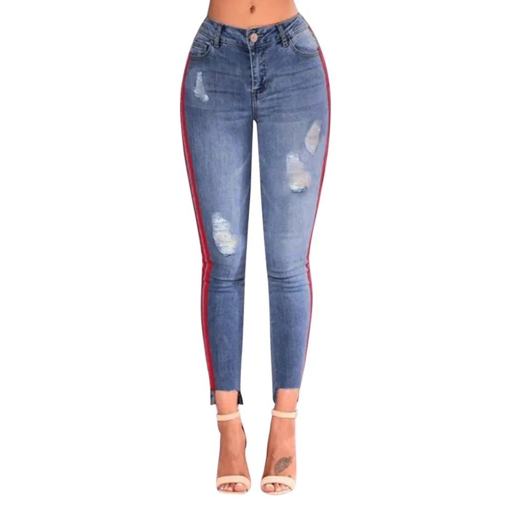 Женские джинсы с высокой талией, популярные женские джинсы 2019, повседневные модные джинсы, женские джинсовые рваные боковые ленты с
