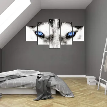 

5 Panel Canvas Wall Art Animal Wolf Printed Wolf Blue Eyes Painting on Canvas Poster Home Decorations Picture for Living Room