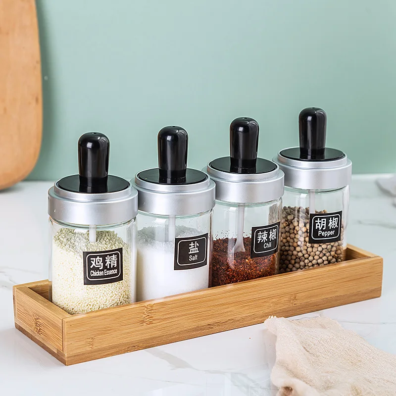 

Borosilicate Glass Oil Bottle Spoon Cover One-piece Glass Seasoning Pot Condiment Bottles Seasoning Box Bamboo Box Base Support